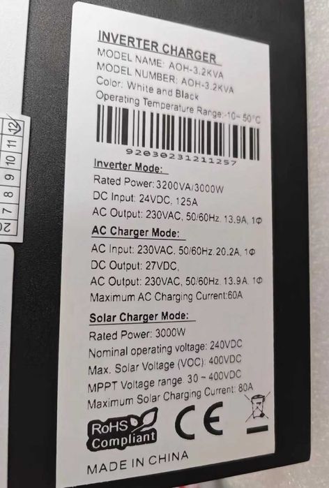 Гибридный солнечный инвертор DAXTROMN AOH-3.2KVA 24V 3000W Зарядка 80А