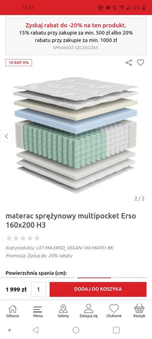 Materac Erso Vegan 160x200 wys. 28cm mało używany