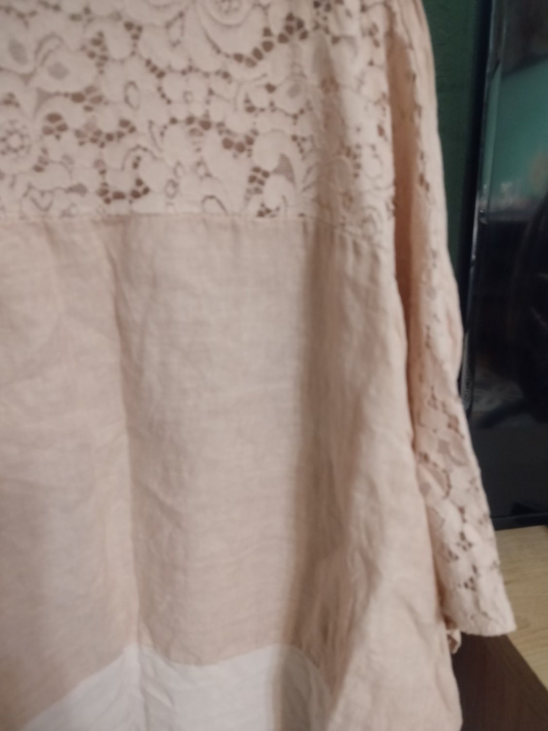 Bluzka damska boho pudrowy róż włoska len koronka kwiat cekiny XL XXL