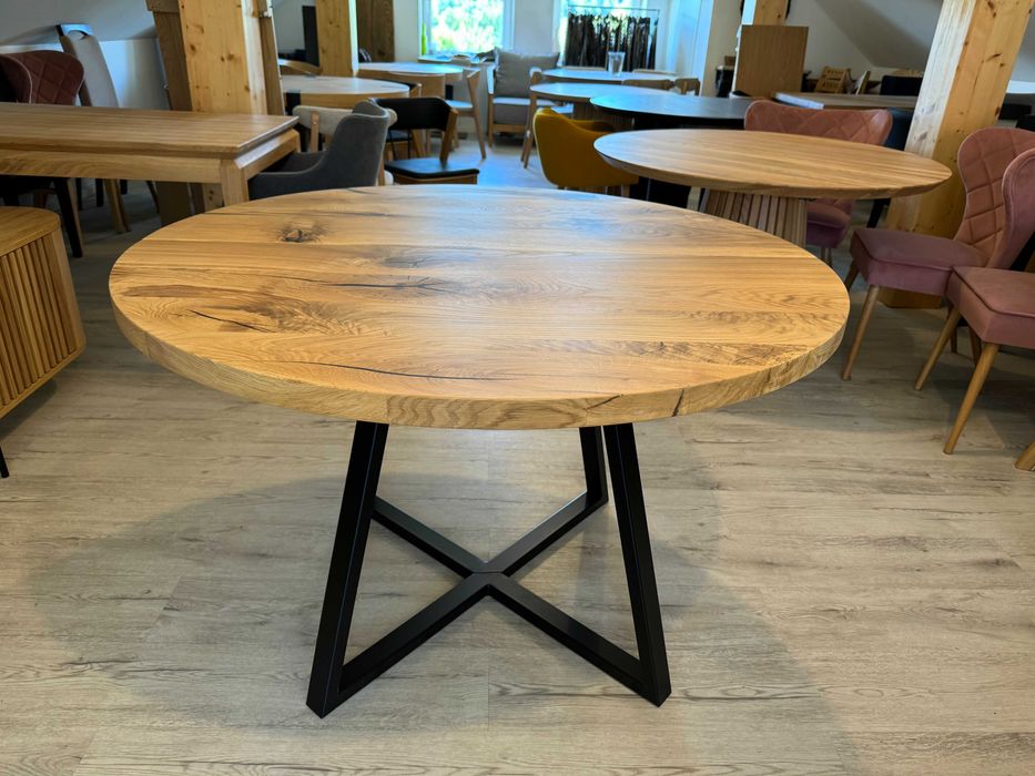 Stół okrągły,lity dąb,loftowy,rozkładany Fi 120+50 PROMOCJA !!