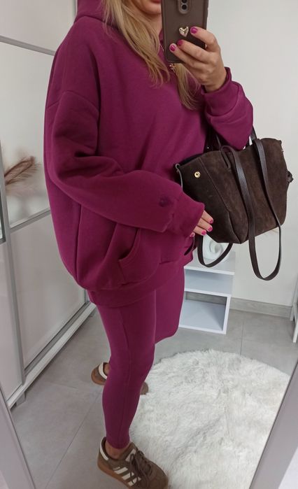 Dres komplet śliwkowy bluza ocieplana legginsy 100% bawełna