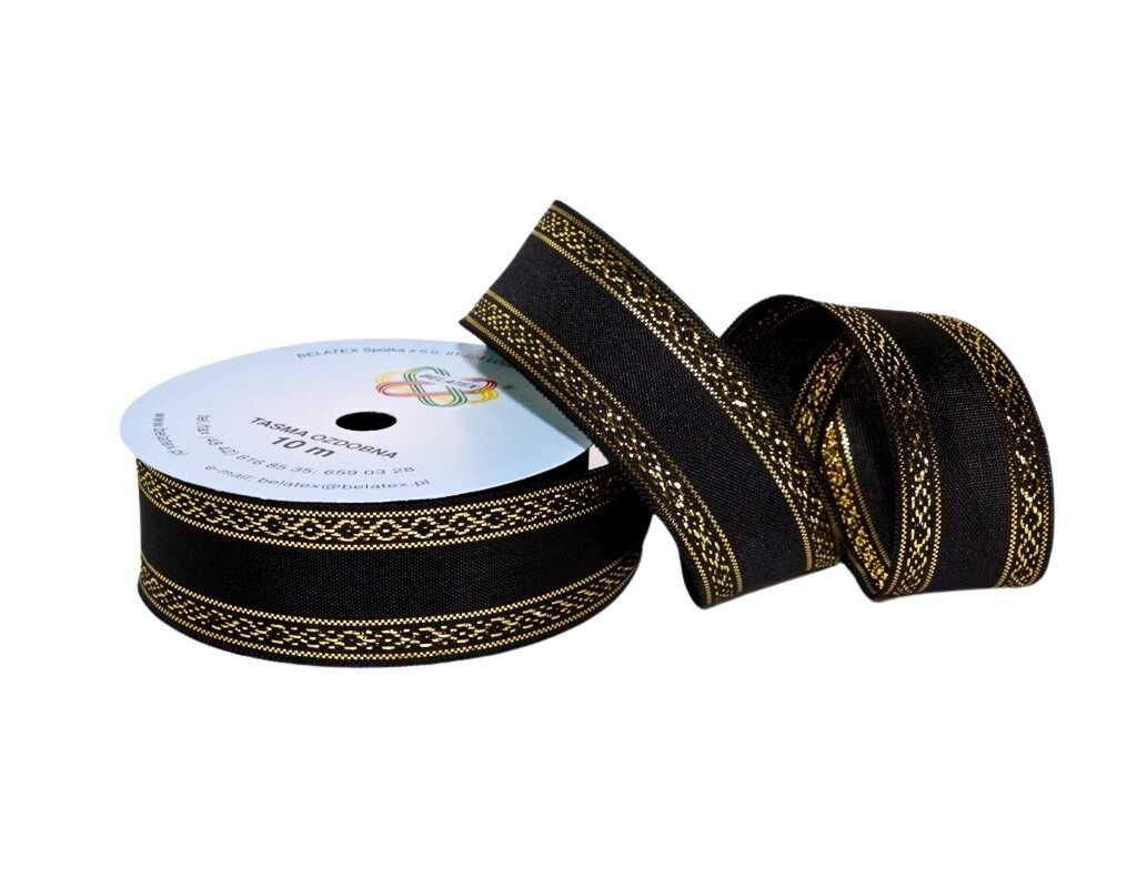 Wstążka tkana "szarfa z ornamentem" 4cm/10m CZARNA