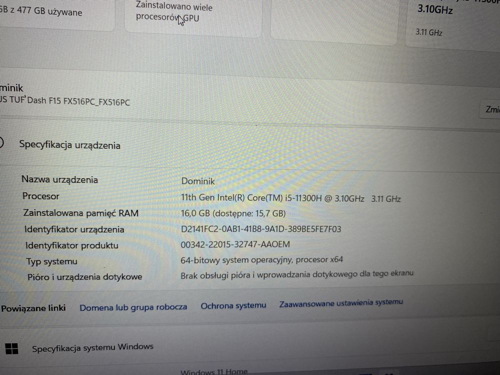 Laptop gamingowy Asus tuf f15