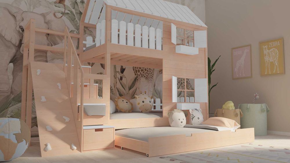 Łóżko piętrowe domek ze schodami i ścianką wspinaczkową