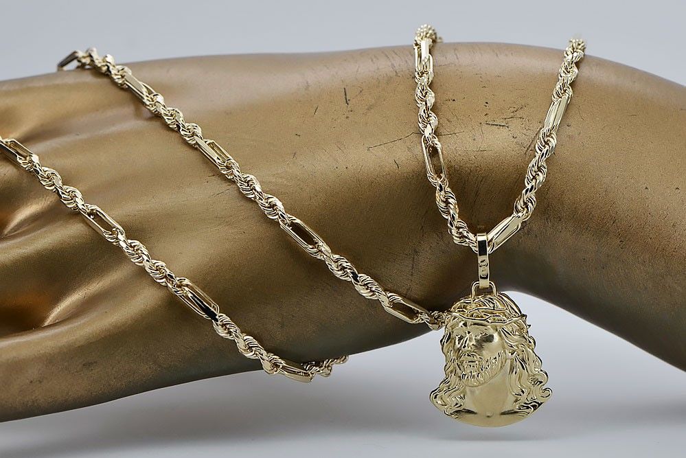 Złoty medalik Jezus 14k 585 z łańcuszkiem Corda Figaro pj004y20&cc004