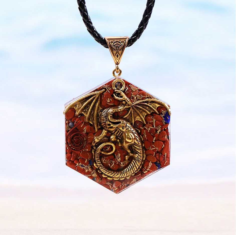 Piękny Naszyjnik Wisior Amulet Orgonit Feniks Jaspis Miedź Lazuryt