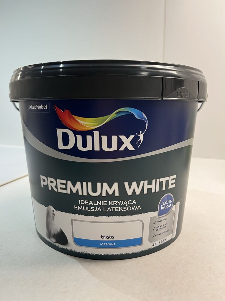 Farba do scian - DULUX premium white, matowa, biala, lateksowa, 2,5l
