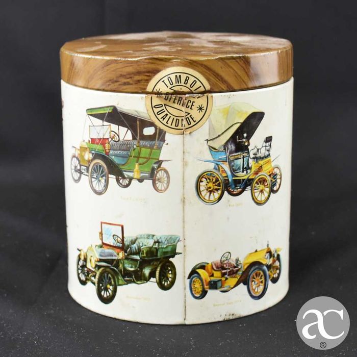 Caixa redonda em metal de Caramelos Tompola, decoração carros antigos