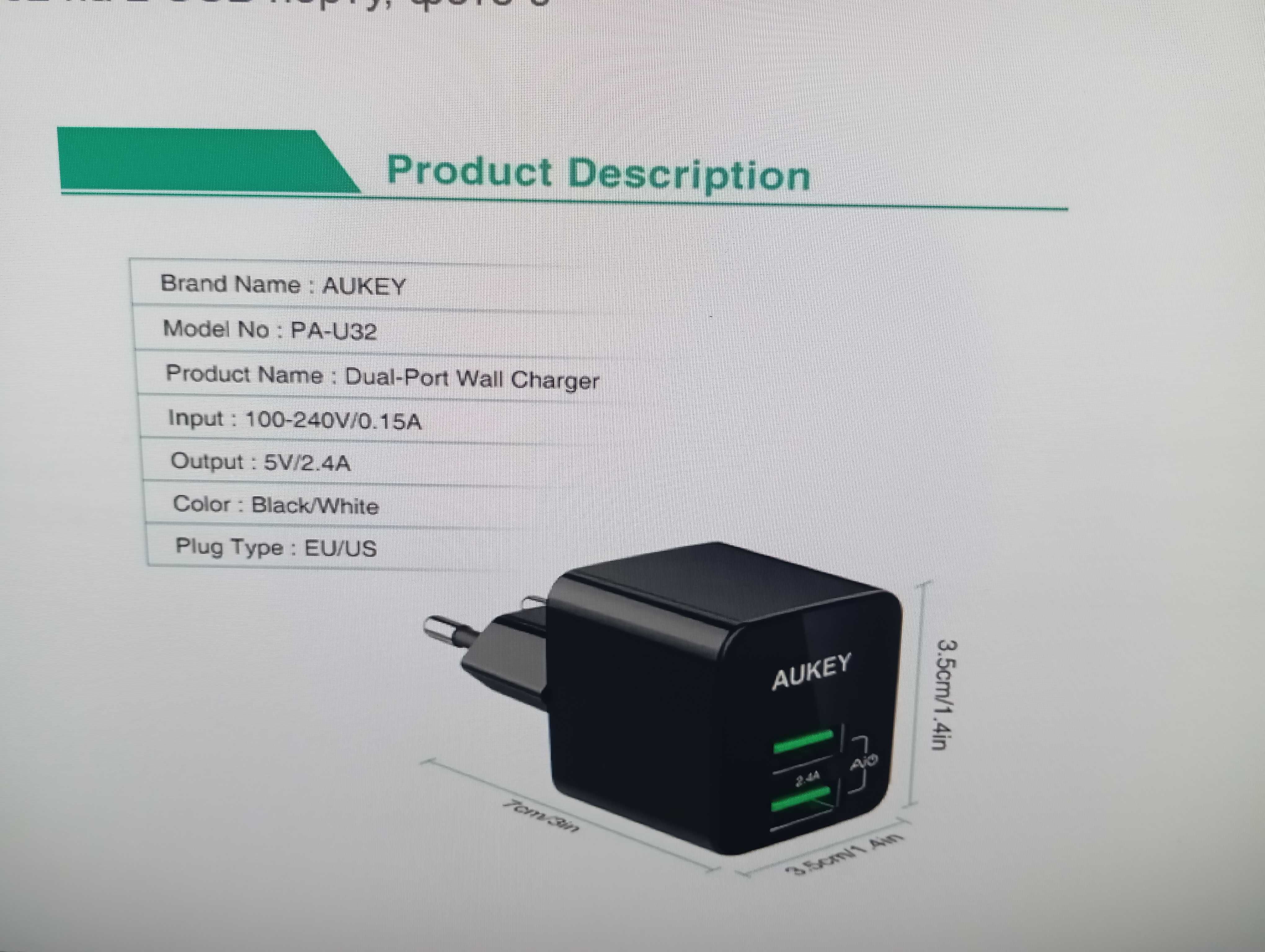 Зарядний Пристрій Aukey PA-U32 на 2 USB порти. Універсальна Зарядка