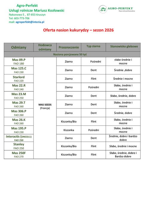 Oferta nasion kukurydzy - sezon 2026