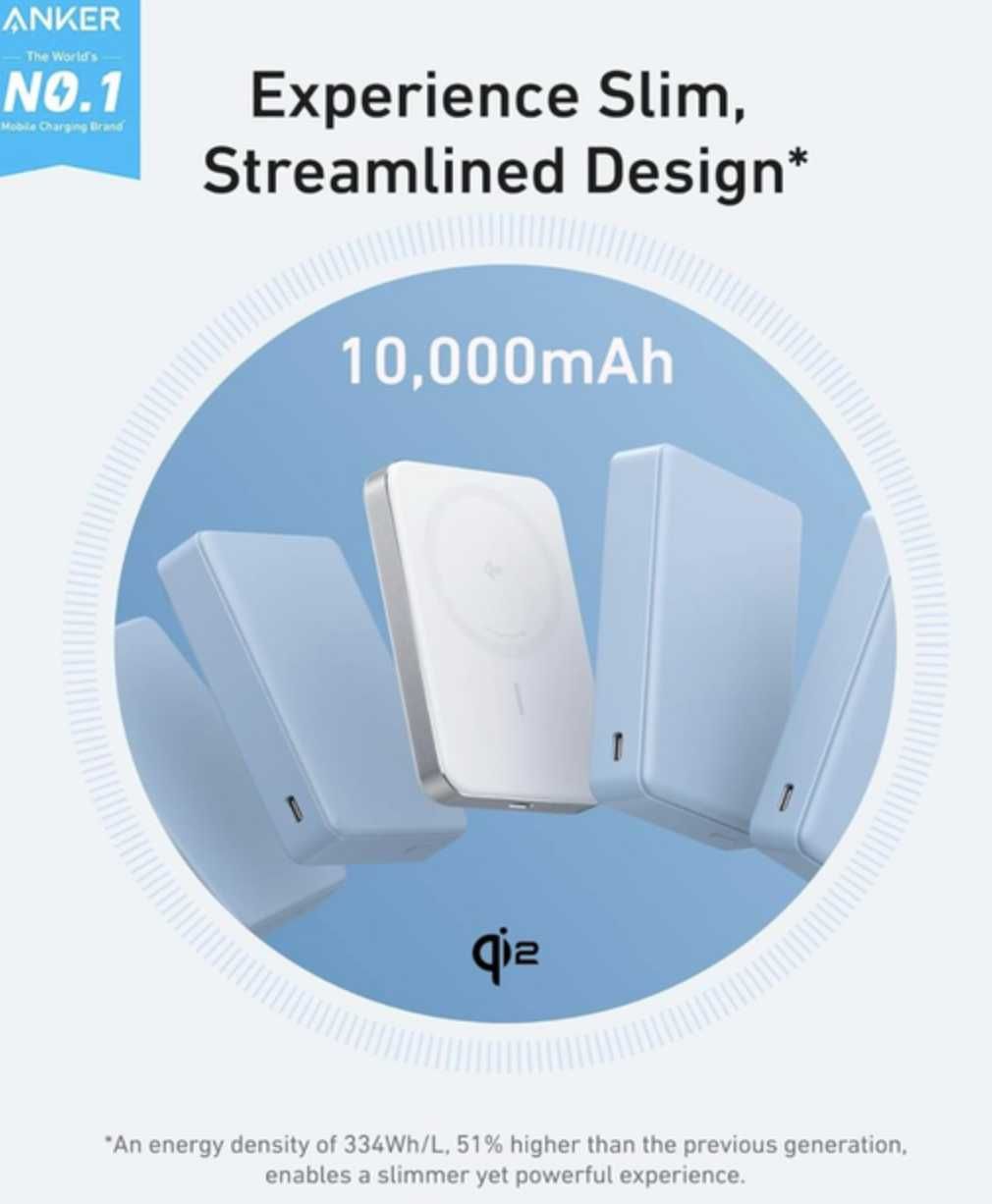 Магнітний повербанк Anker Ultra-Slim 10,000mA MagGo Qi2 15W. New 2025