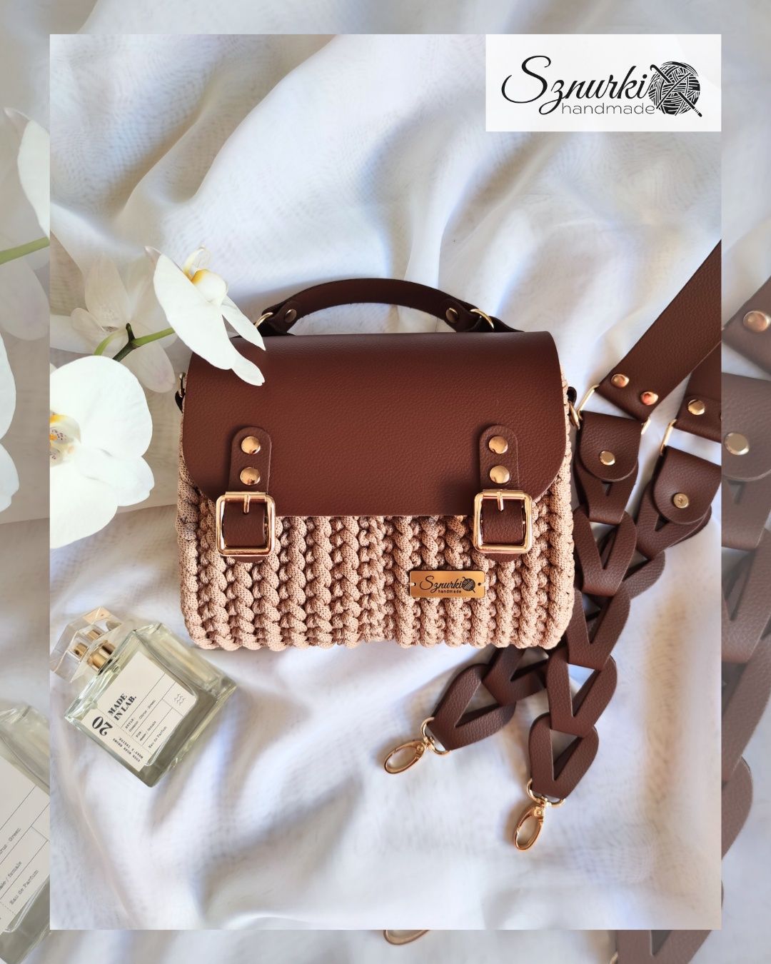 Torebka listonoszka skóra naturalna ręcznie szydełkowana handmade