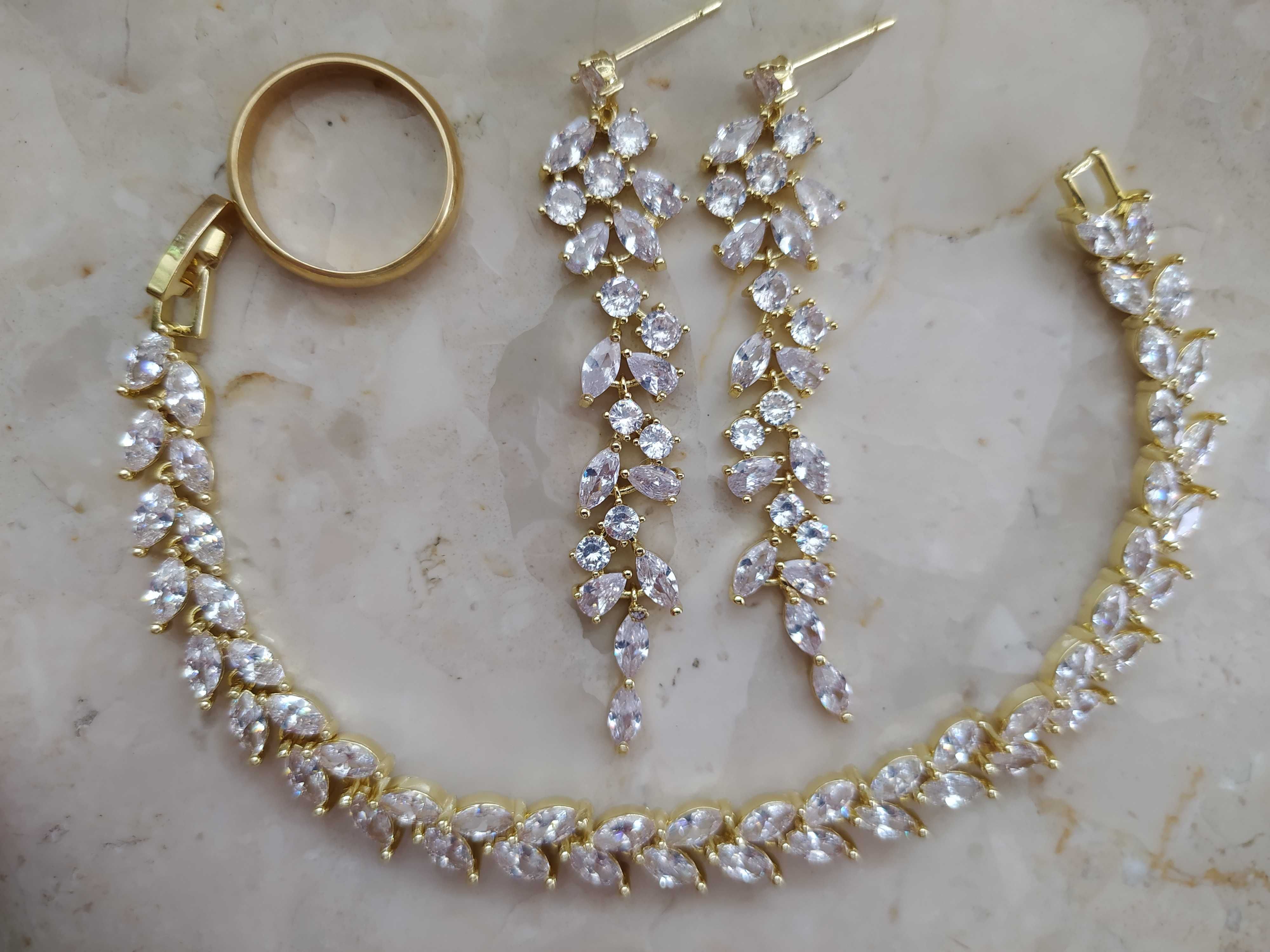 Złoty komplet kolczyki bransoletka z kryształkami ślubne