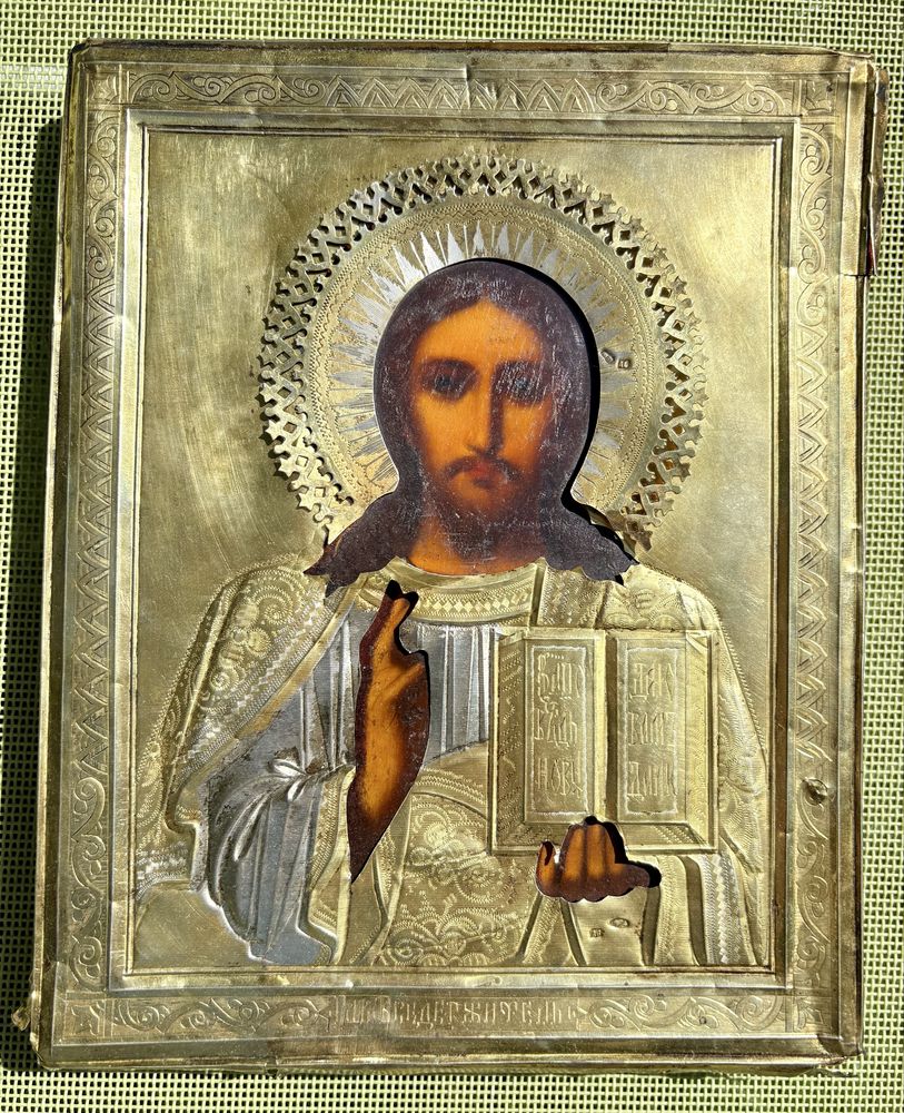 Ikona stara antyk oryginał Pantokrator Moskwa. Srebrna złocona 84.