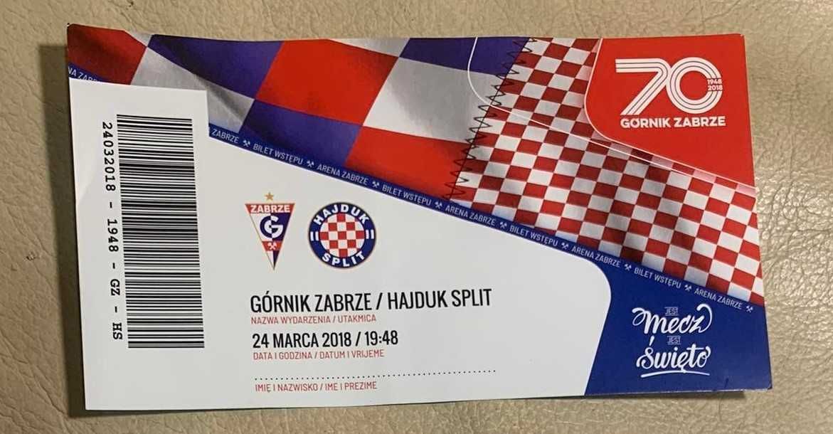 Bilet kolekcjonerski Górnik Zabrze - Hajduk Split 24.03.2018