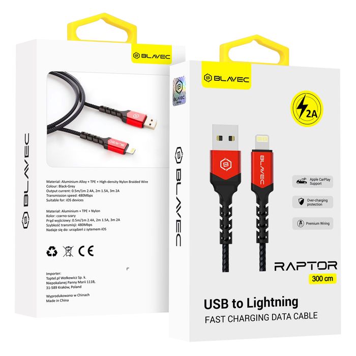 Blavec Kabel Raptor USB na Lightning 2A 3m (czarno-czerwony)