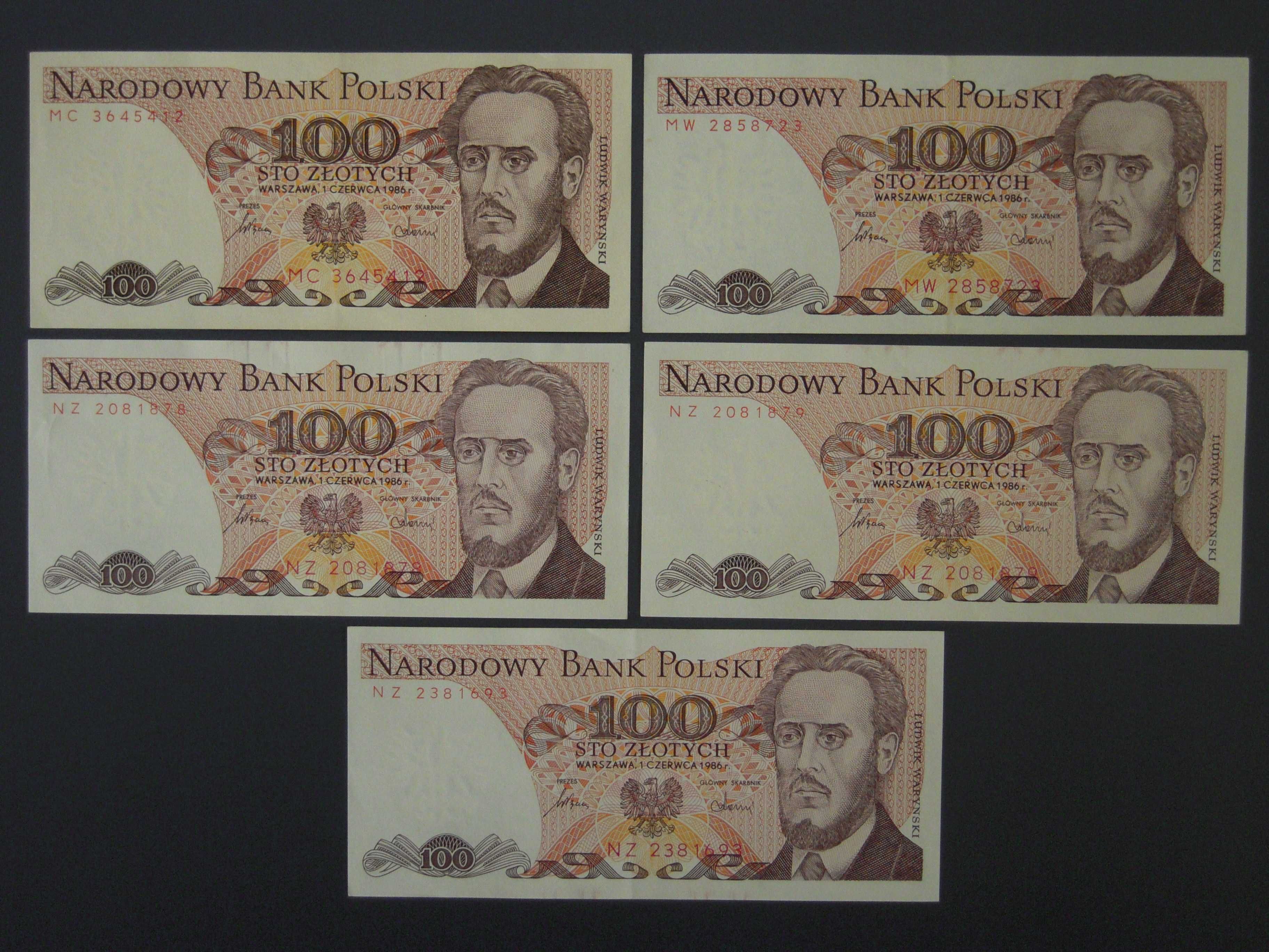 Banknoty PRL 100 zł - Ludwik Waryński -różne serie z 1 czerwca 1986 r.
