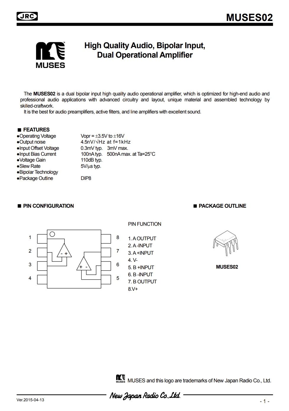 JRC Muses 02 wzmacniacz operacyjny, opamp DIP8 dual bipolar
