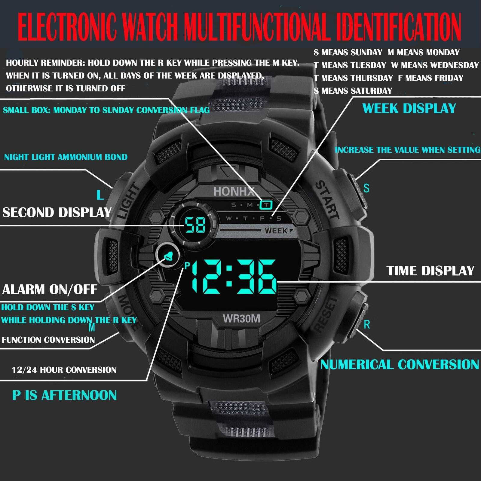 Duży zegarek sportowy męski wojskowy cyfrowy LED alarm stoper datownik
