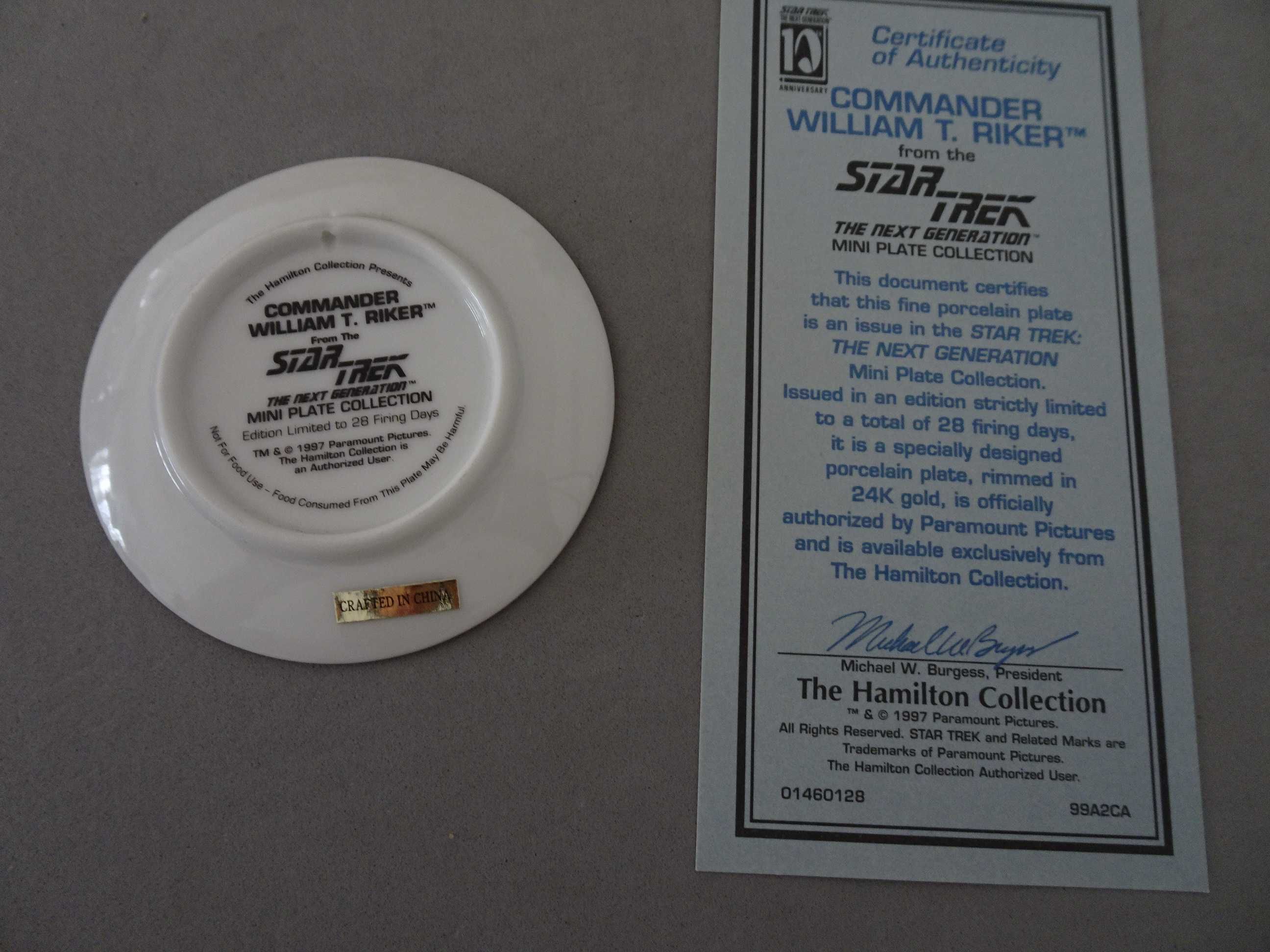 Prato Star Trek Commander William T. Riker certificado autenticidade