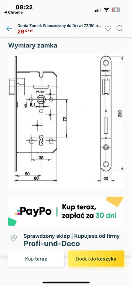 Zamek wpuszczany kaseta 72/55 LOB YETI H235