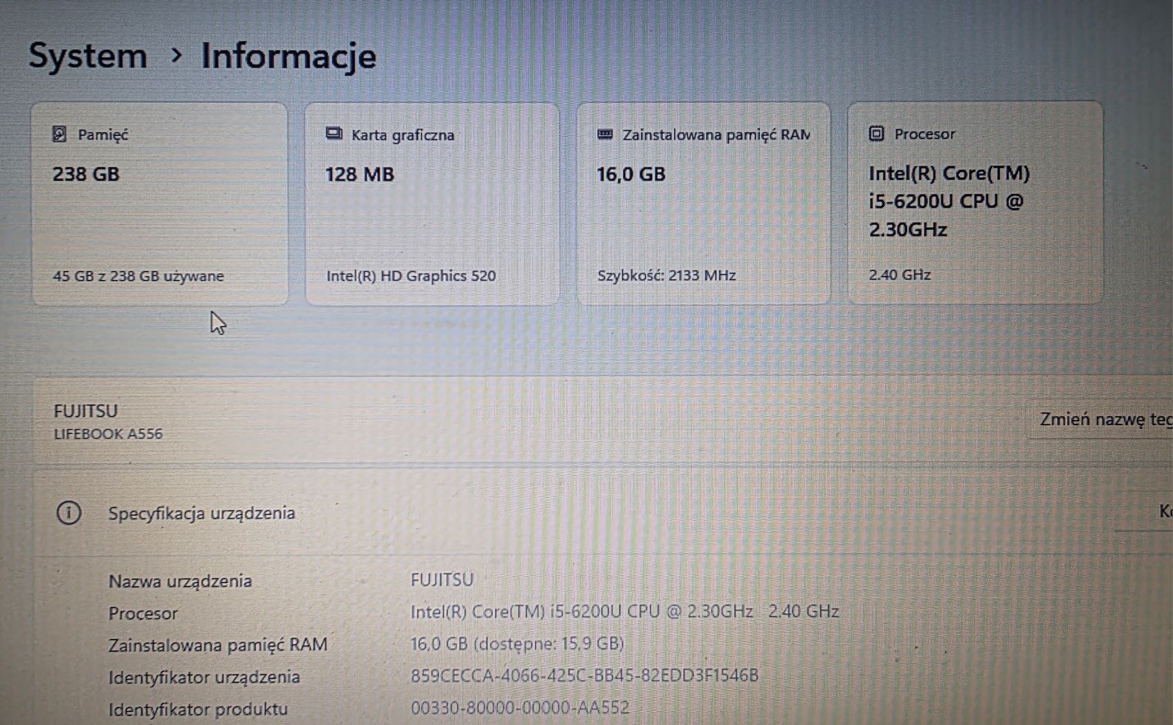 Laptop Fujitsu Lifebook A556 i5 6200U CPU 2.30-2.40 GHz 16GB RAM, 256G