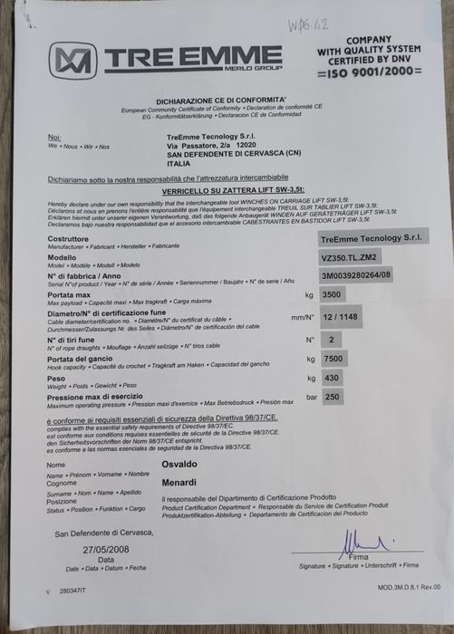 Merlo Wciągarka Hydrauliczna Treemme Hak Udźwig 3500kg Certyfikat