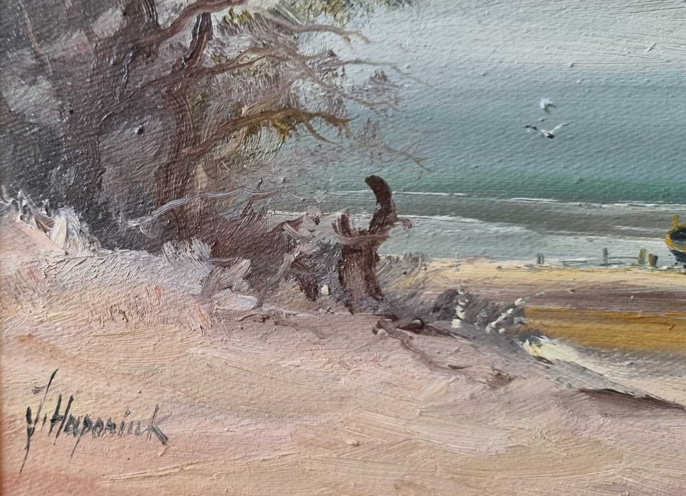 Pejzaż morski z łodzią, olej/płótno, Jerzy Haponiuk ur.1946 zm.2007