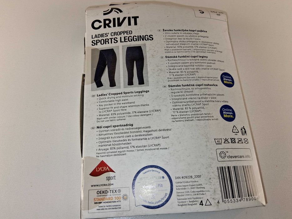 A106 CrivitPremium Damskie Legginsy Sportowe Cropped 3/4 Lycra S 36/38