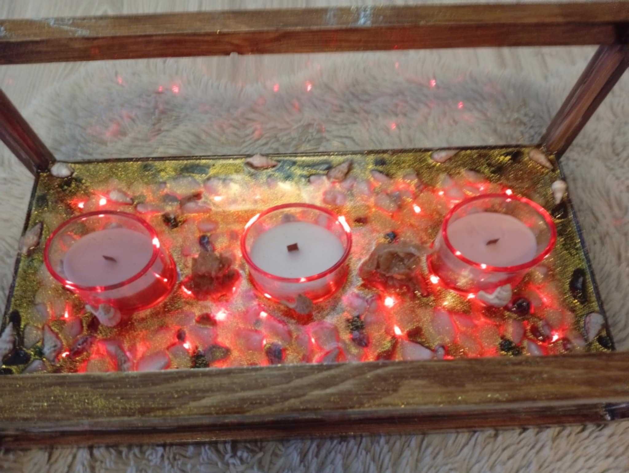 Piękny Świecznik, Świece z wosku oraz Oświetlenie led. Hand Made