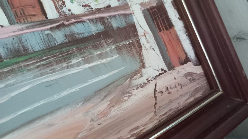 Francuski obraz malowany na płótnie w drewnianej ramie 50 x 41