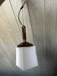 lampa sufitowa pojedyńcza vintage PRL retro drewno plus szklo