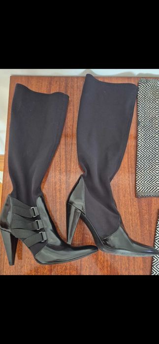 Buty damskie kozaki czarne do kolana, materiał + skóra