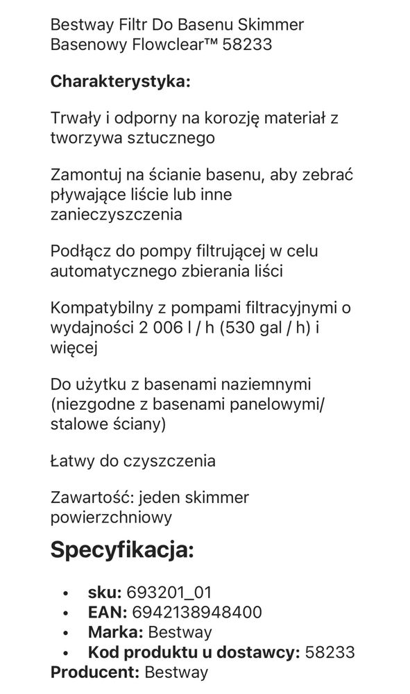 Skimer do basenu filtr bestway