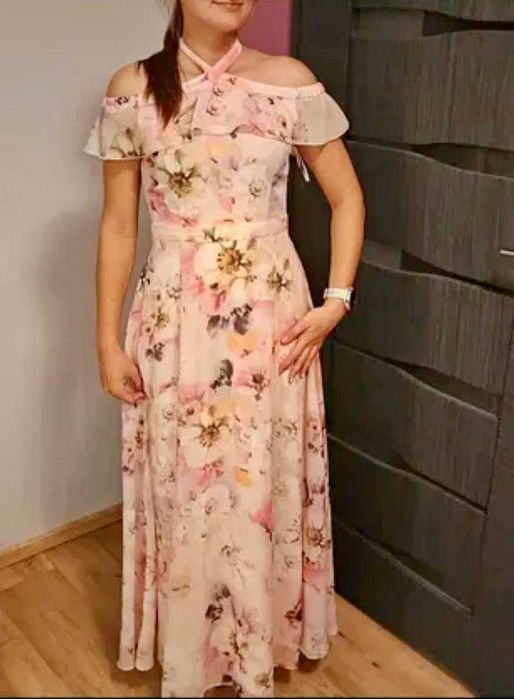 Elegancka sukienka długa różowa w kwiaty S, 36