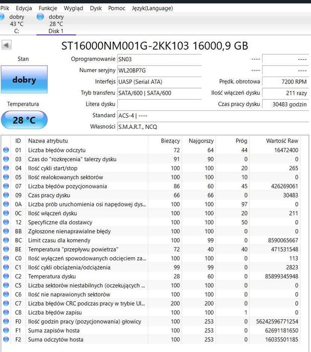 Exos X16 16TB używany SATA, dwie ostatnie sztuki!