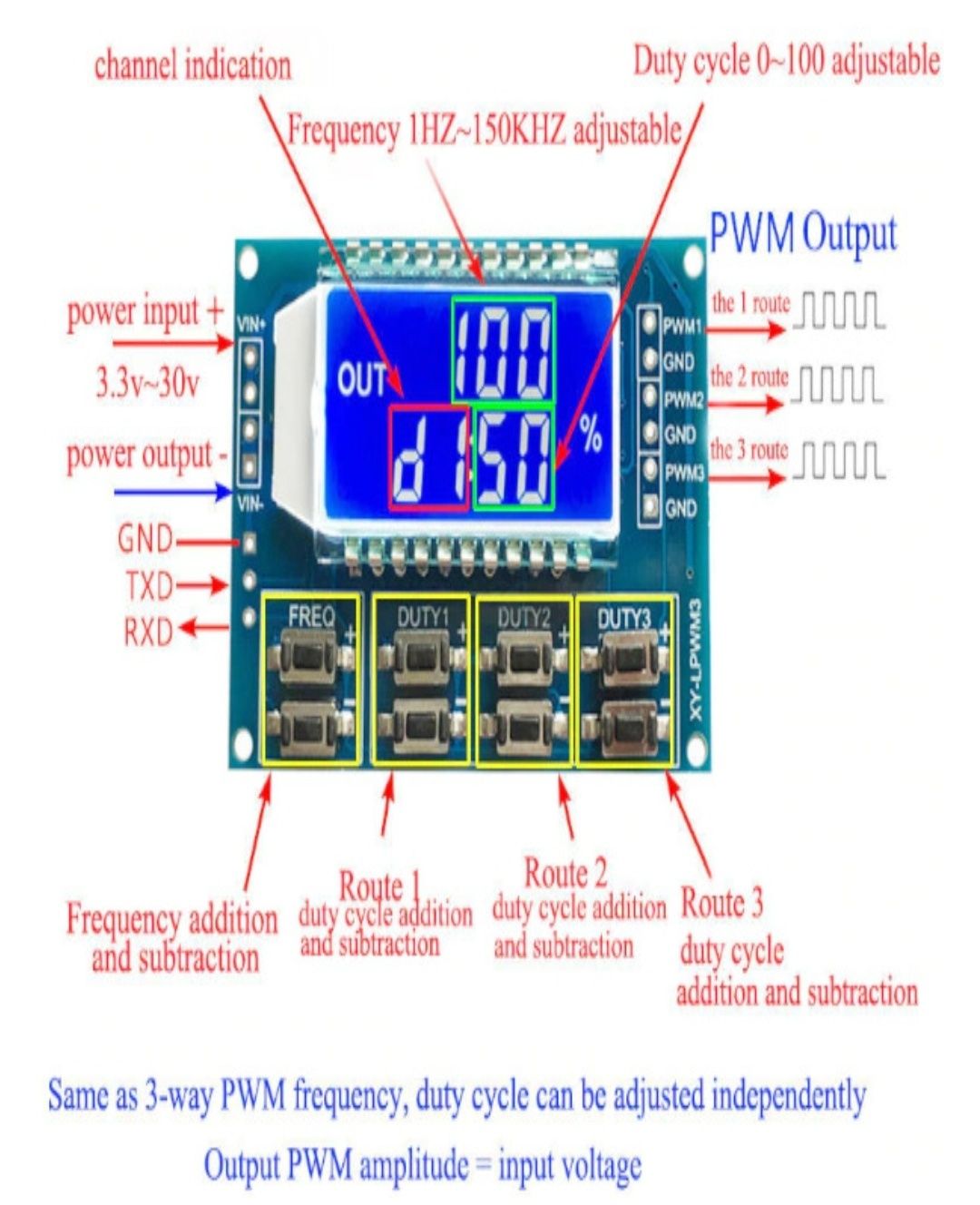 XY-LPWM3. PWM / ШИМ генератор  сигналов трехканальный 1Гц-150кГц.