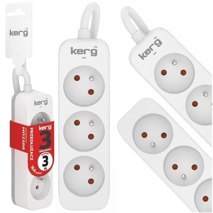 Przedłużacz Kerg 3 gniazda z uziemieniem 3m 16A M02388