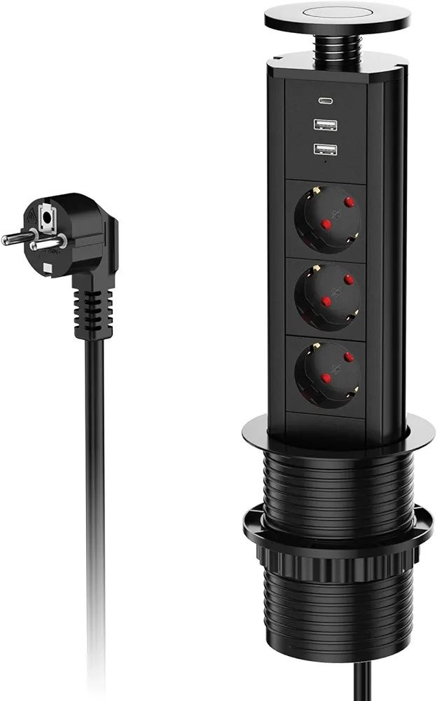 Wysuwana listwa zasilająca z USB C PD20W, 3-krotne wpuszczane gniazdko