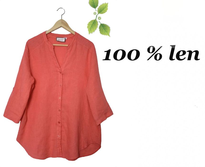 Cudna lniana gładka koralowa koszula bluzka damska L XL XXL 40 42 44