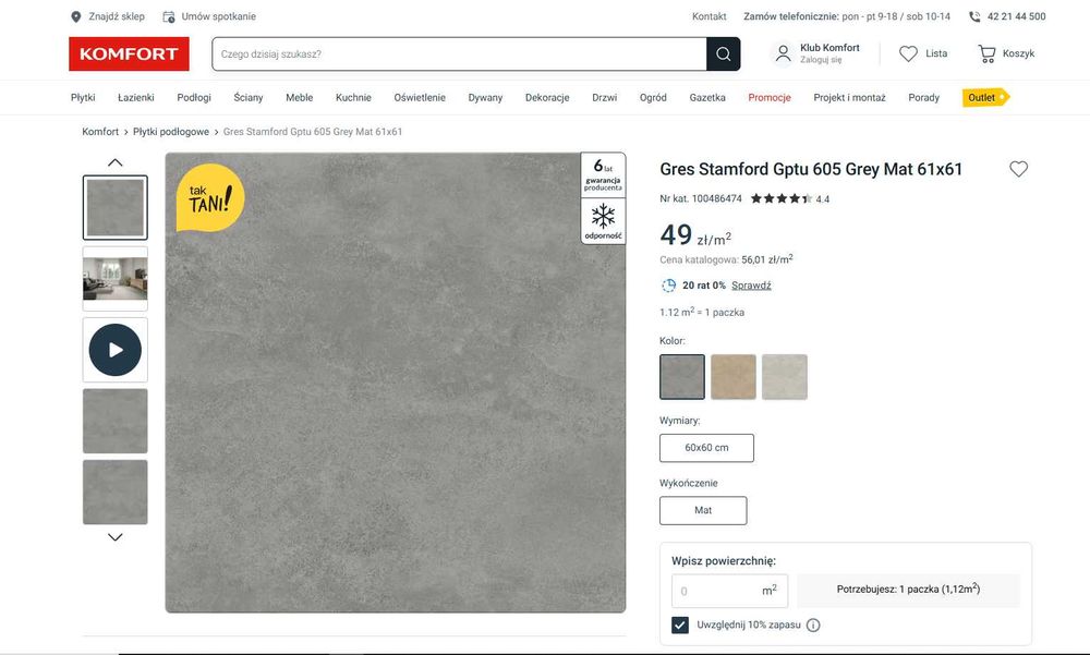 Płytka podłogowa Gres Stamford Gptu 605 Grey Mat 61x61.