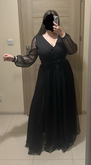 Sukienka czarna maxi rozkloszowana tiul na wesele