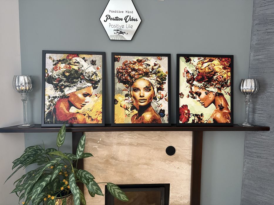 3 obrazy recznie malowane farbami na plotnie w ramkach