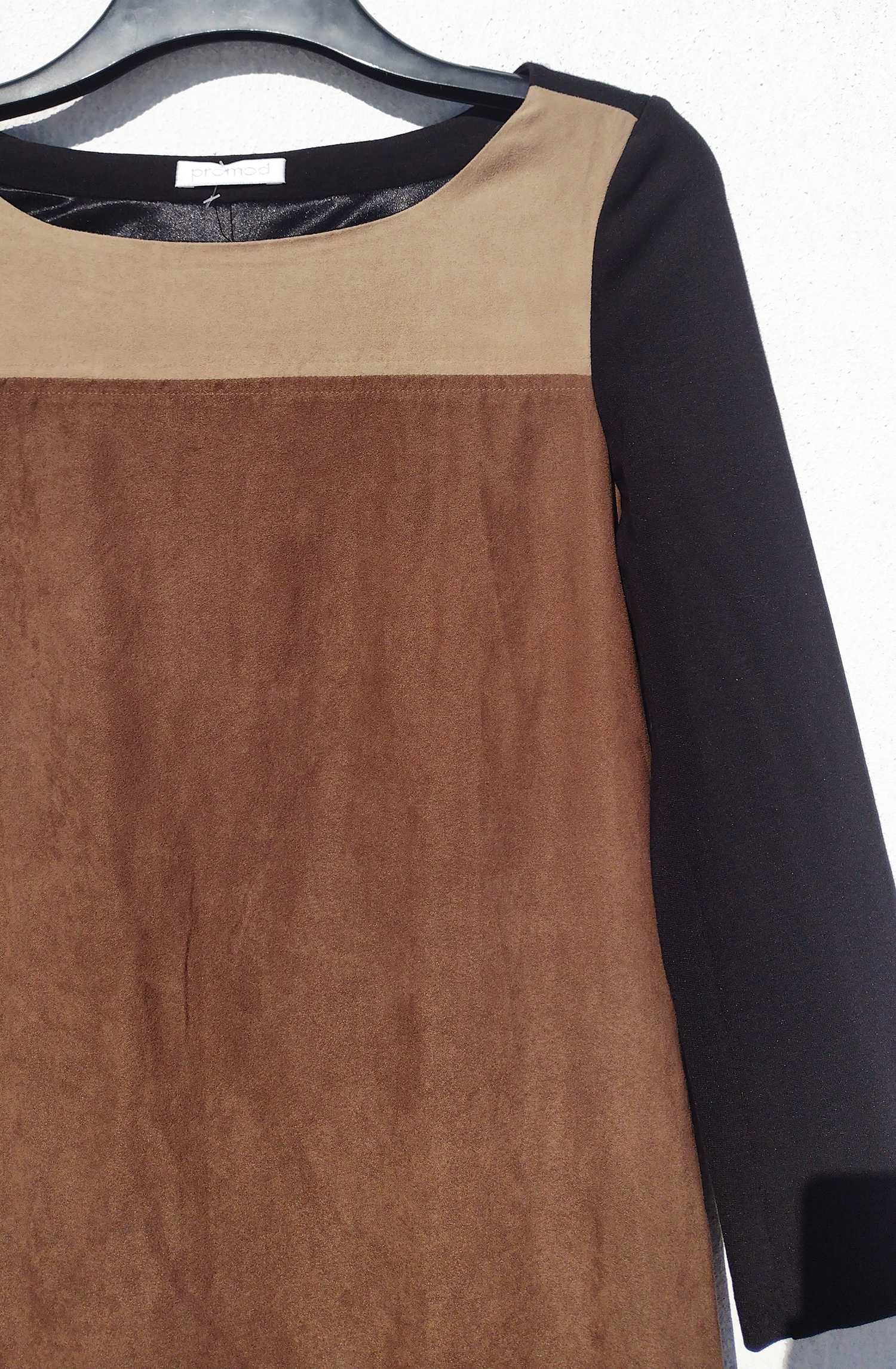 Замшевое коричневое платье с чёрным Promod M