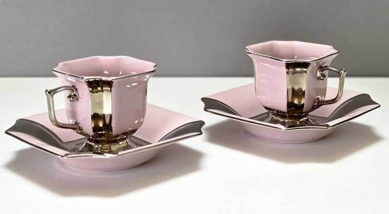 Para srebrzonych filiżanek do mokki różowa porcelana tête-à-tête