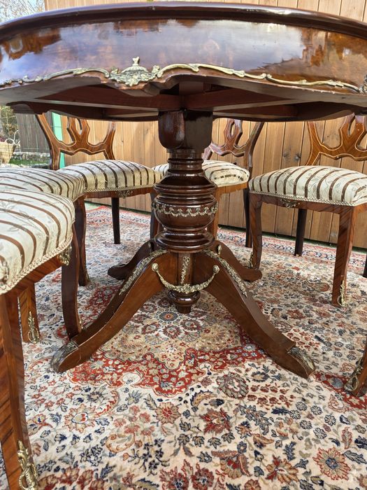 Stół okrągły intarsjowany okuwany mosiądzem + 6 krzeseł #2118 Stylowy