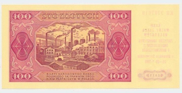 Banknot 100zl 1948r serii KR z nadrukiem