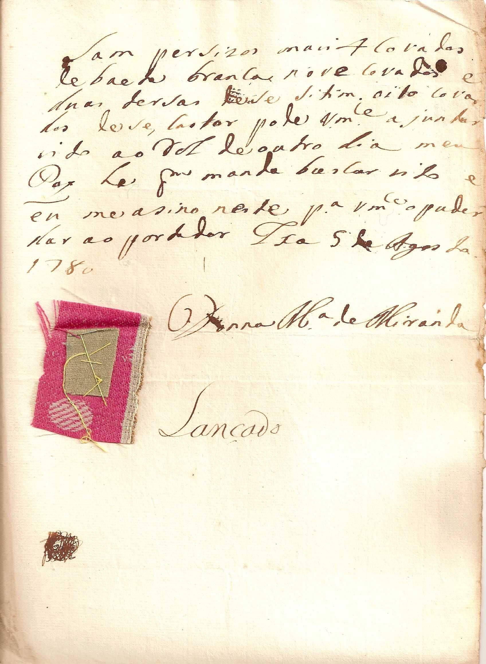 MANUSCRITO com Encomenda de TECIDOS a um Comerciante de Lisboa em 1780