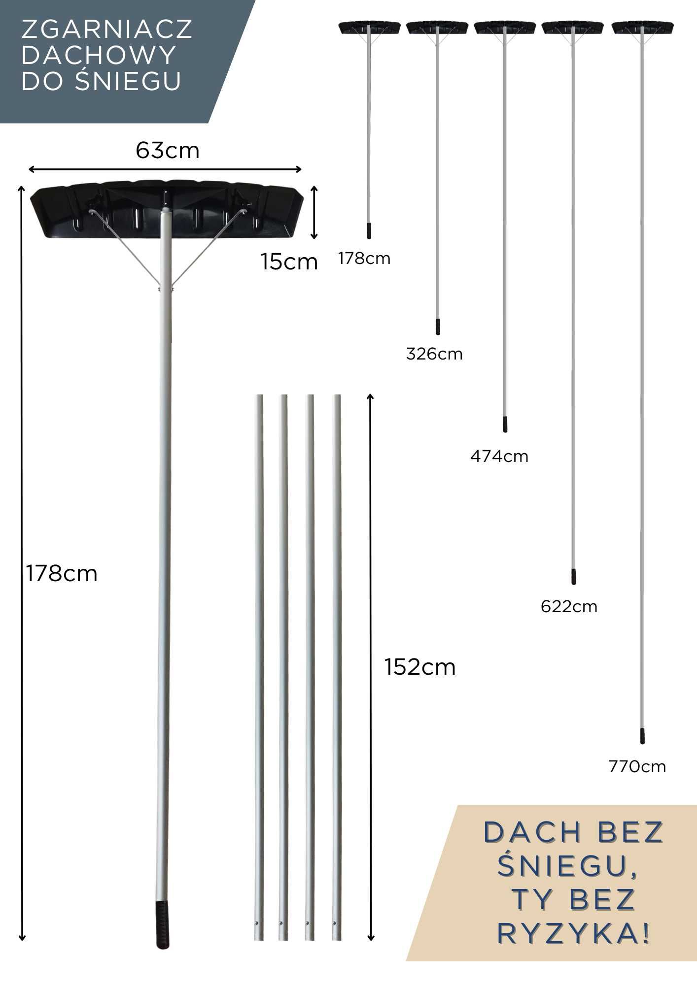 Zgarniacz do śniegu, do dachu, fotowoltaiki, dachowy. Dług. 178-770cm!