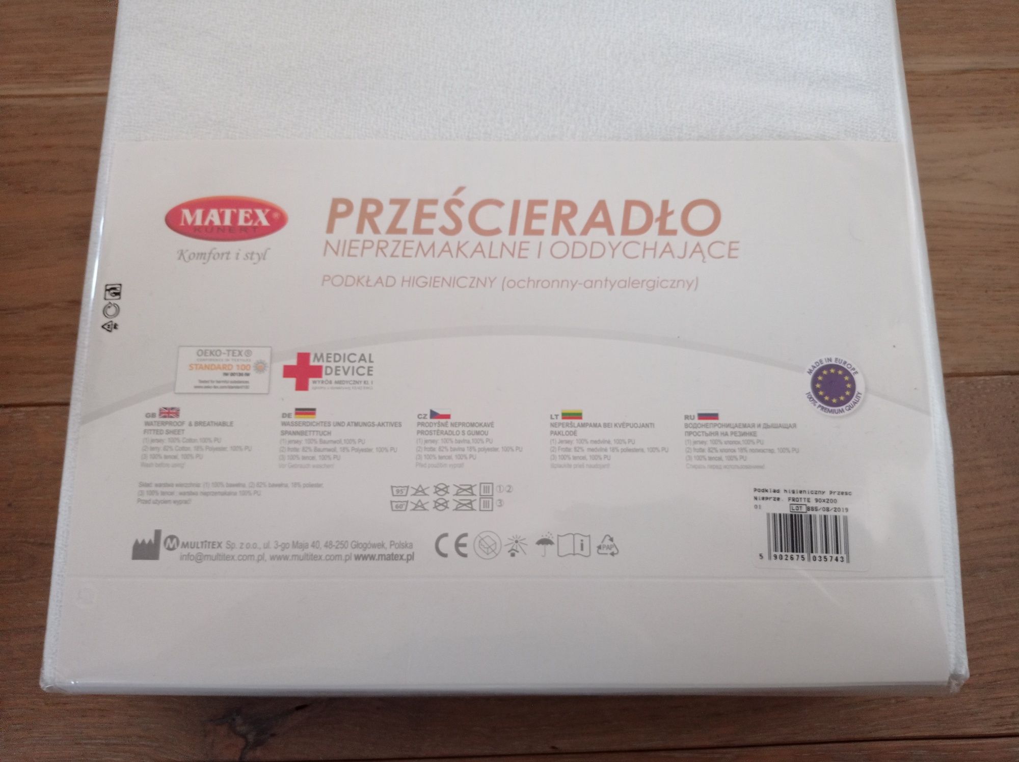 MATEX Prześcieradło nieprzemakalne 90x200 białe frotte NOWE